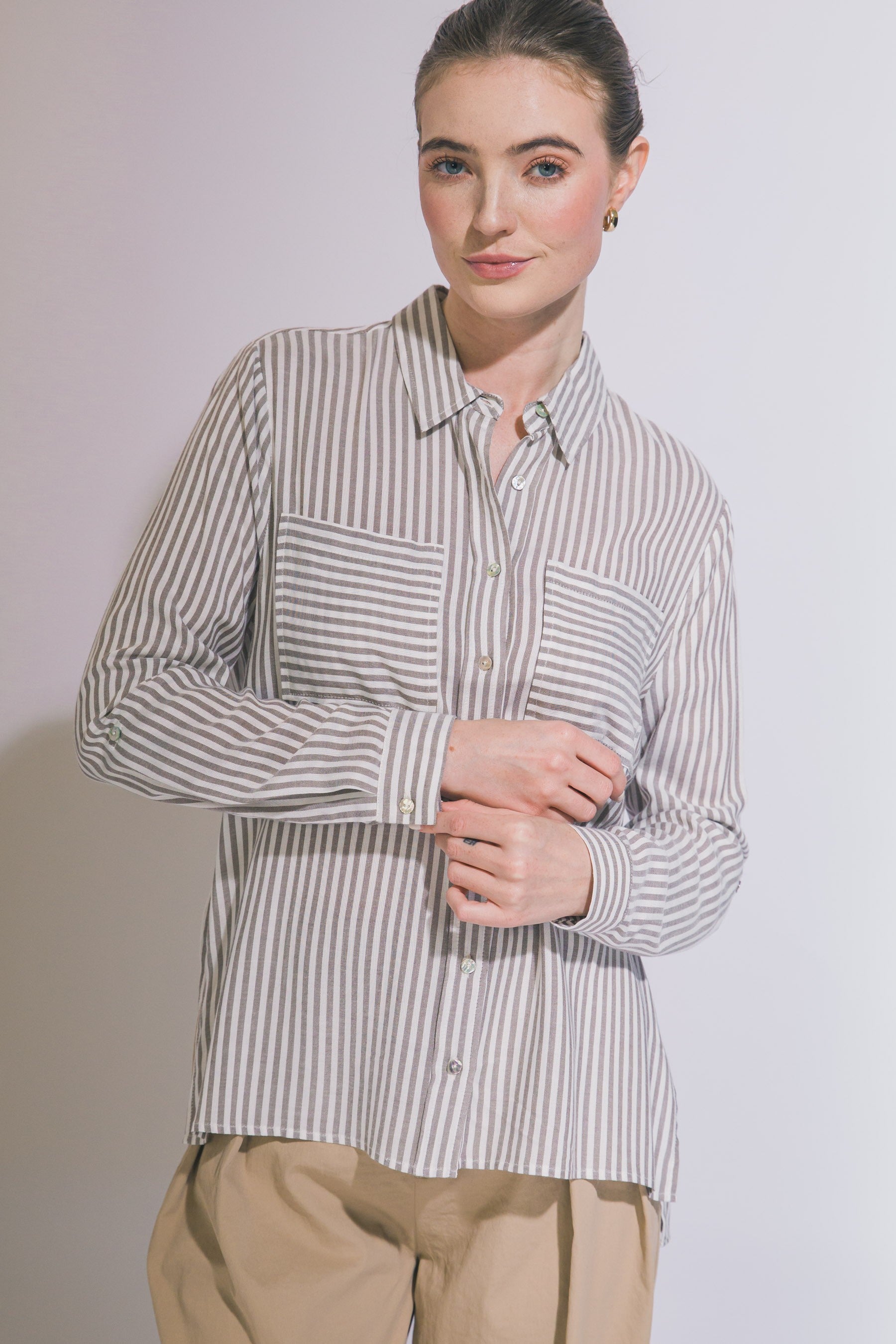 Summer Stripe Button Down Top in Mocha