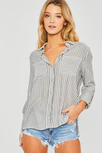 Summer Stripe Button Down Top In Black