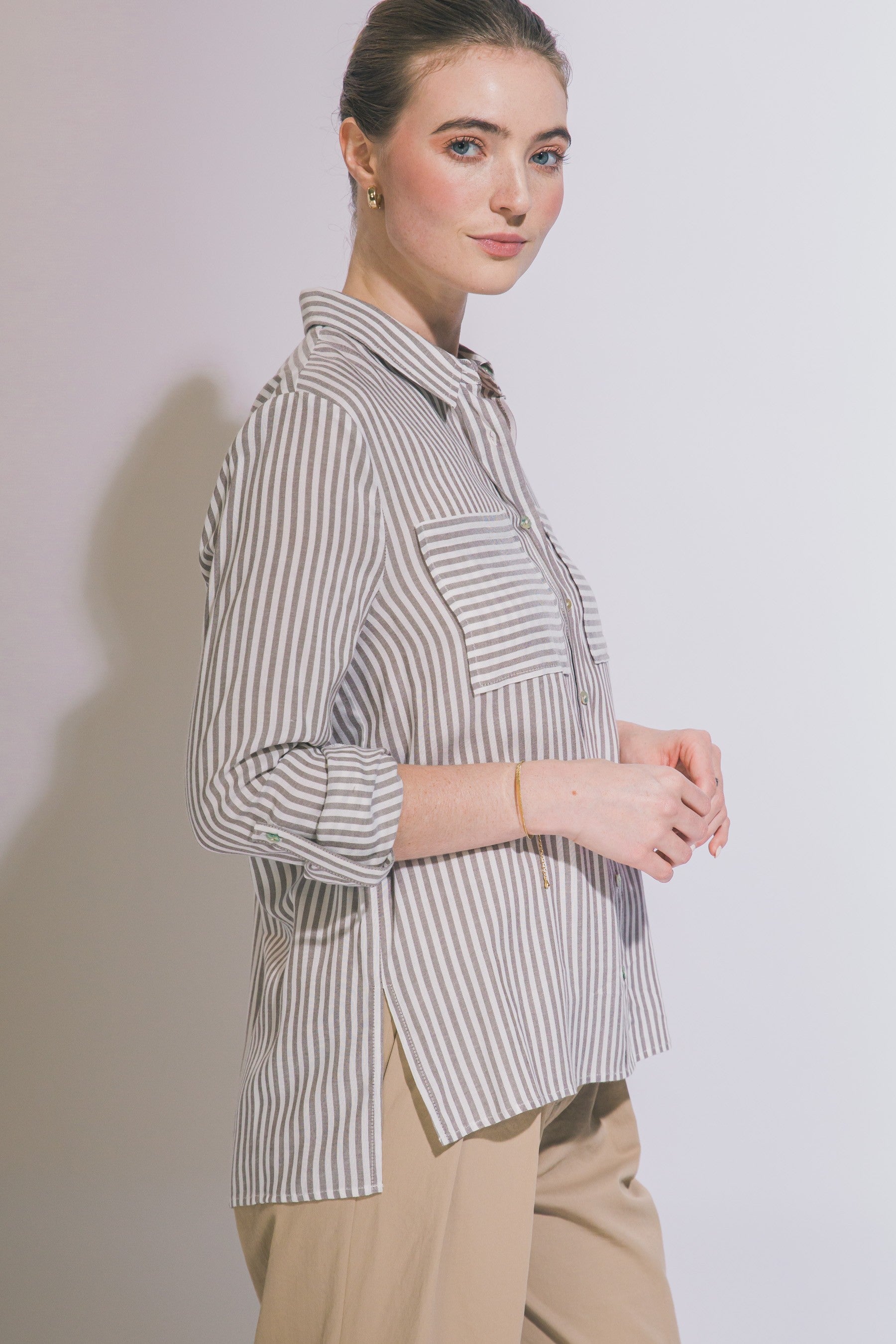 Summer Stripe Button Down Top in Mocha