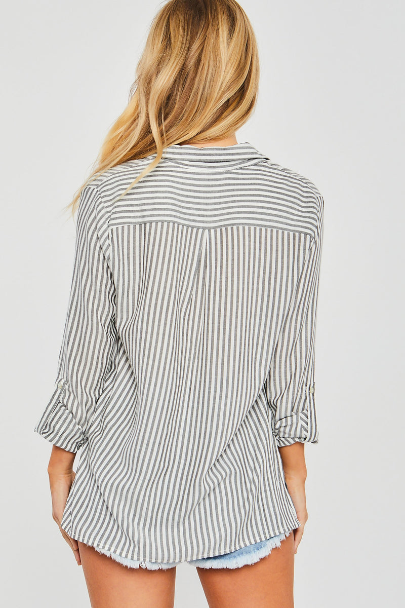Summer Stripe Button Down Top In Black