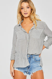 Summer Stripe Button Down Top In Black