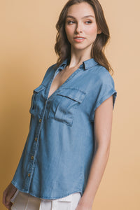 Utility Sleve Button Down Top in Blue