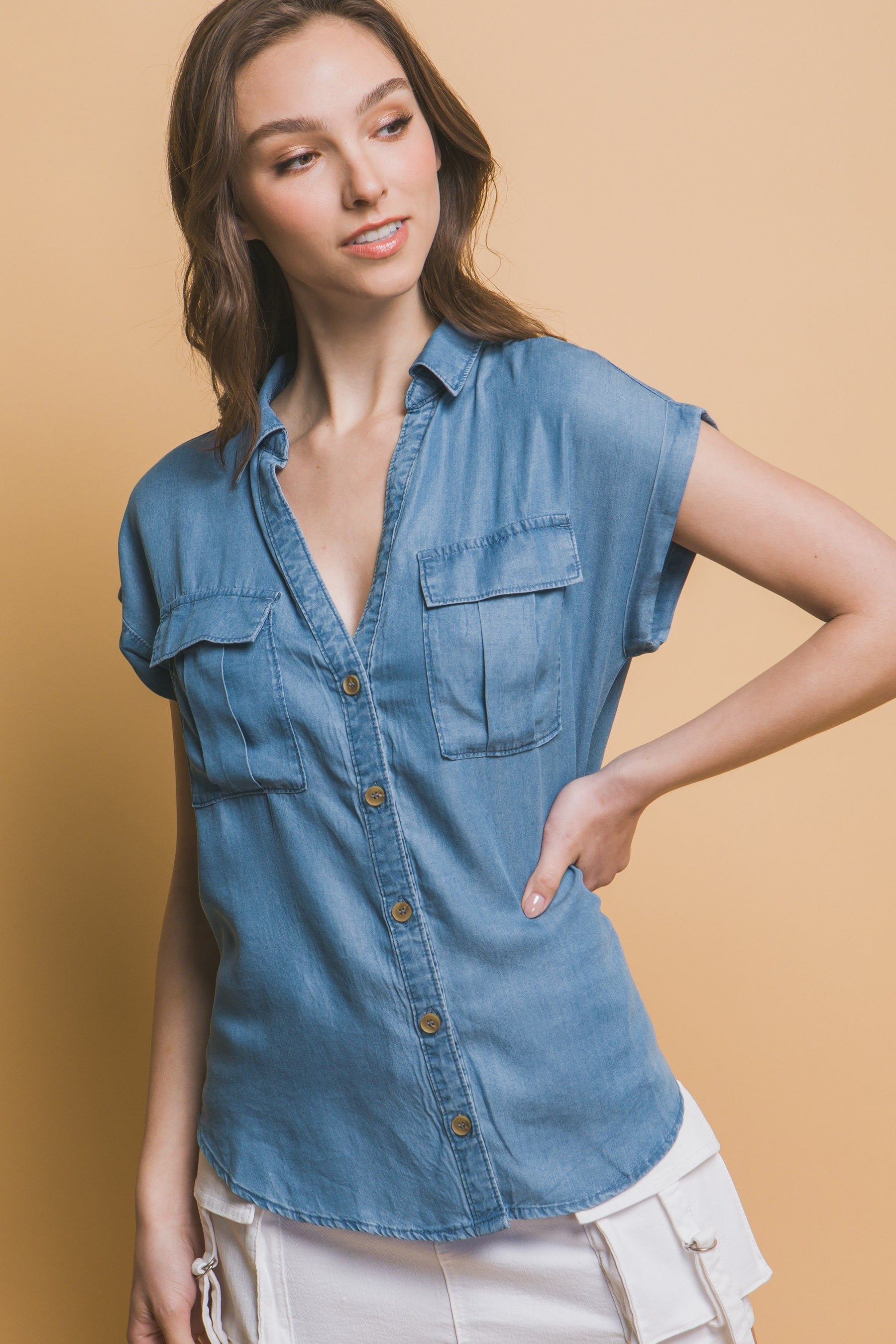 Utility Sleve Button Down Top in Blue