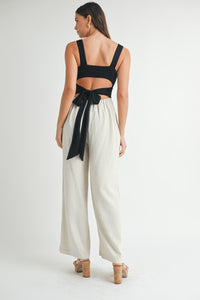 Contrast Rib Cut Out Top and Linen Mix Pant Jumpsuit