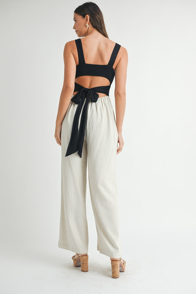 Contrast Rib Cut Out Top and Linen Mix Pant Jumpsuit