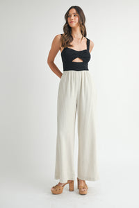 Contrast Rib Cut Out Top and Linen Mix Pant Jumpsuit