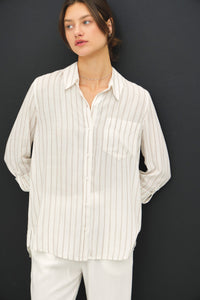 Thin Stripe Button Down in Taupe