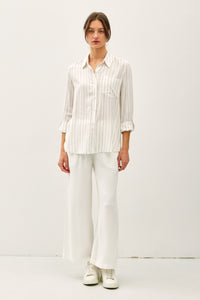 Thin Stripe Button Down in Taupe