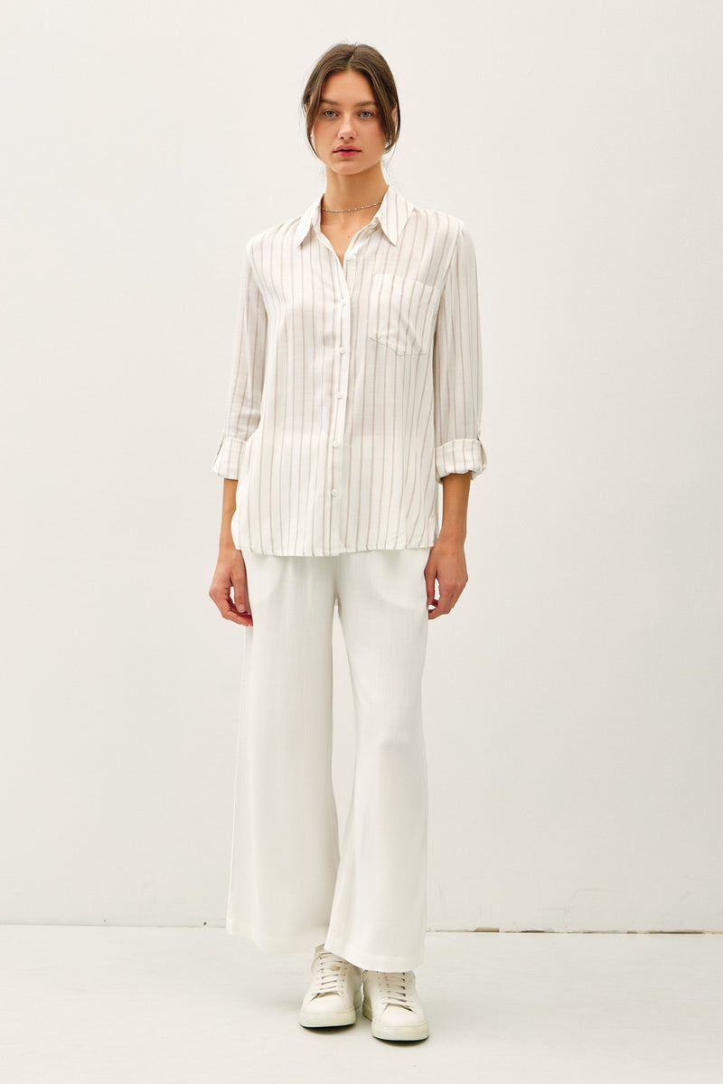 Thin Stripe Button Down in Taupe