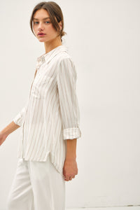 Thin Stripe Button Down in Taupe