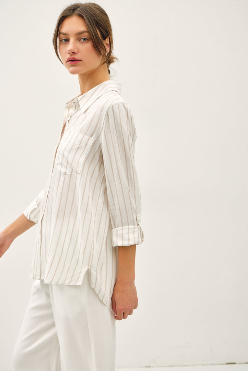 Thin Stripe Button Down in Taupe