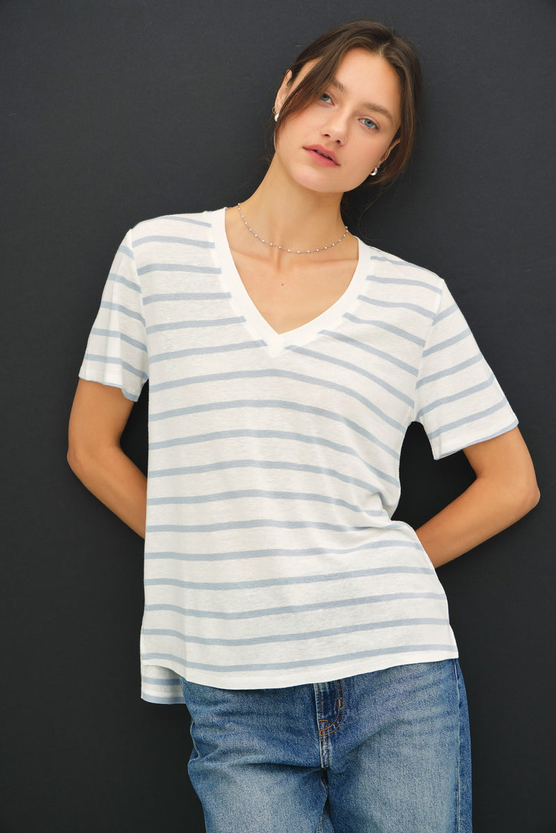 Season Stripe V Neck Tee in Light Blue