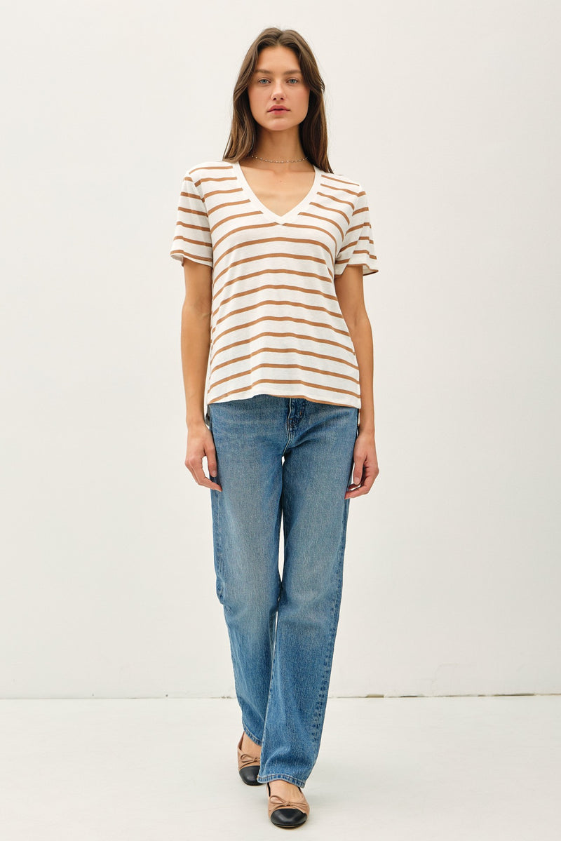 Season Stripe V Neck Tee in Camel