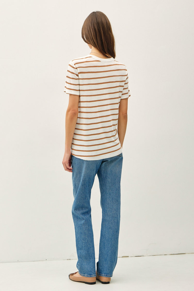 Season Stripe V Neck Tee in Camel