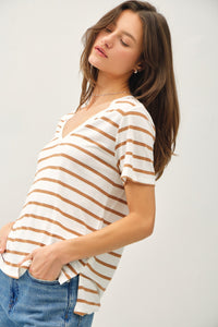 Season Stripe V Neck Tee in Camel