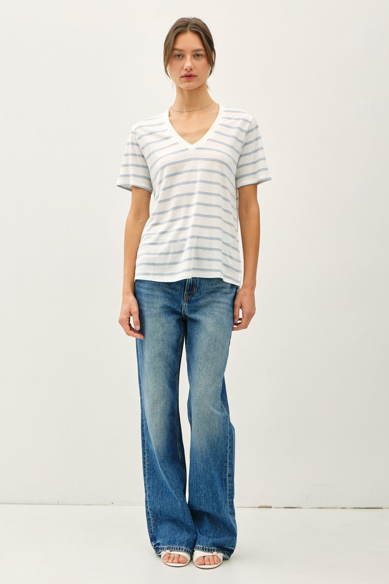 Season Stripe V Neck Tee in Light Blue
