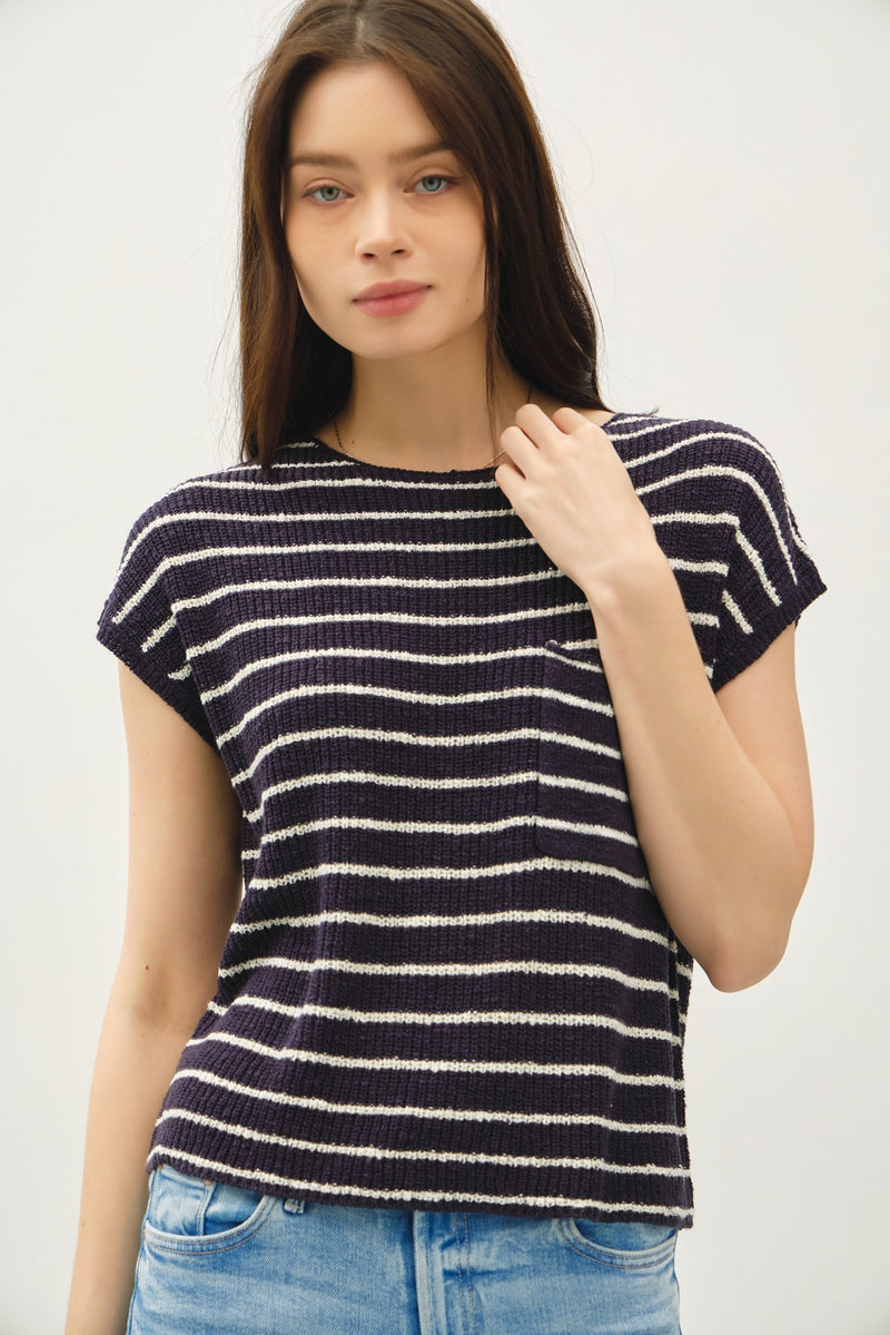 Teagan Cap Sleeve Striped Sweater in Navy