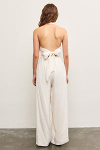 Blakely Button Front Halter Jumpsuit in Oatmeal