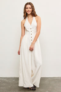 Blakely Button Front Halter Jumpsuit in Oatmeal