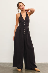 Blakely Button Front Halter Jumpsuit in Black