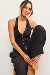 Blakely Button Front Halter Jumpsuit in Black