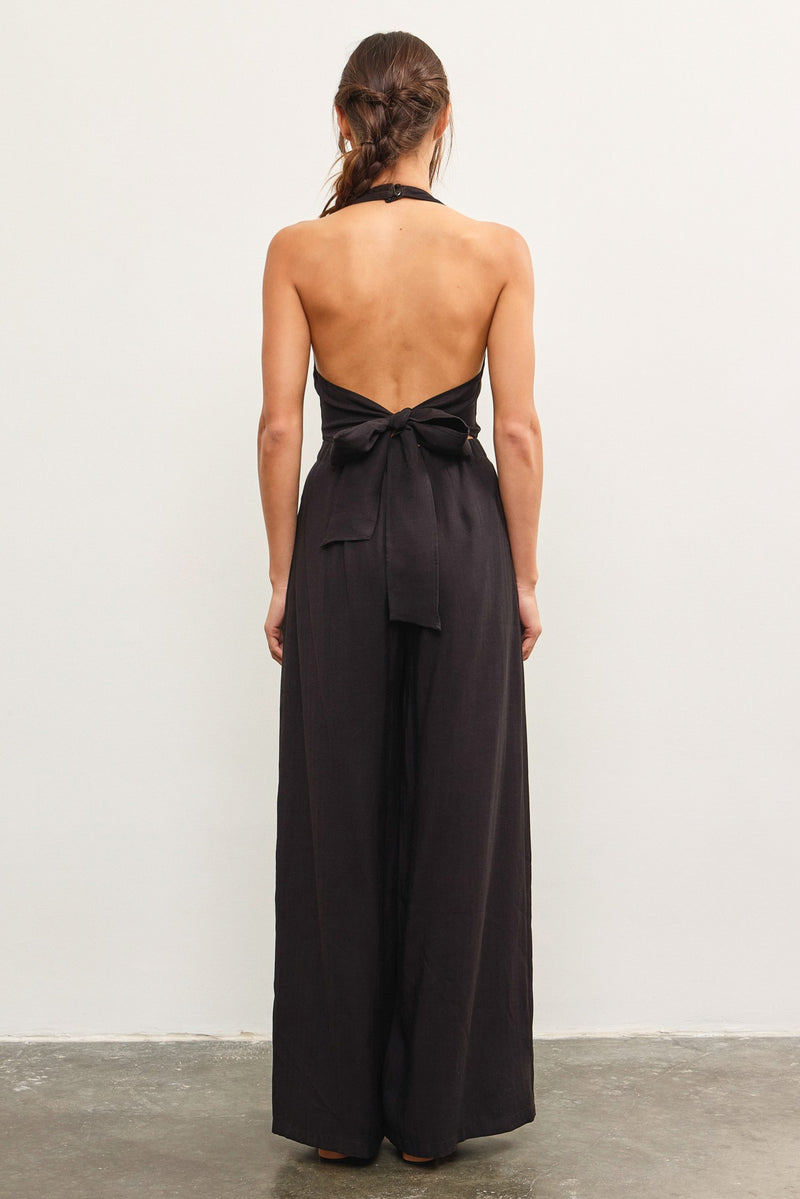 Blakely Button Front Halter Jumpsuit in Black