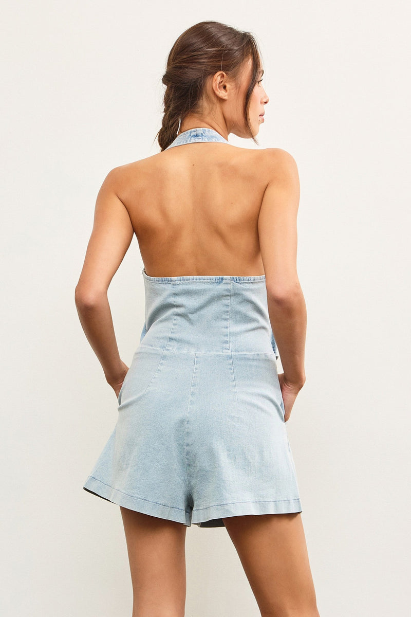 Jessie Halter Vest Romper in Light Denim
