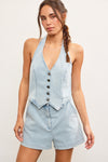 Jessie Halter Vest Romper in Light Denim