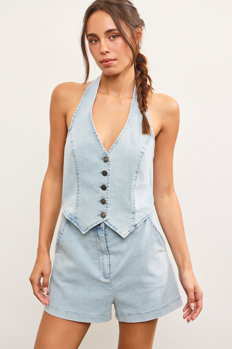 Jessie Halter Vest Romper in Light Denim