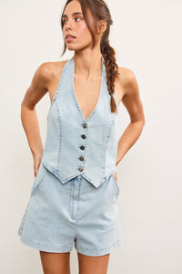 Jessie Halter Vest Romper in Light Denim