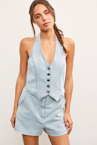 Jessie Halter Vest Romper in Light Denim