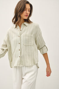 Sun and Stone Striped Button Down Top in Sage