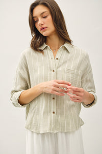 Sun and Stone Striped Button Down Top in Sage