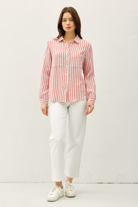 Gauze Striped Button Down in Coral