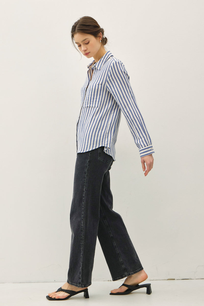Gauze Striped Button Down in Blue