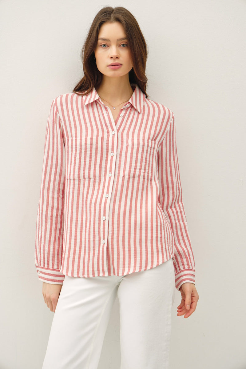 Gauze Striped Button Down in Coral