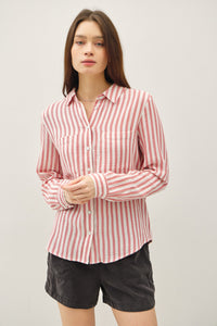 Gauze Striped Button Down in Coral