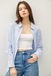 Hampton Pinstripe Linen Blend Button Down in Blue