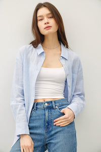 Hampton Pinstripe Linen Blend Button Down in Blue
