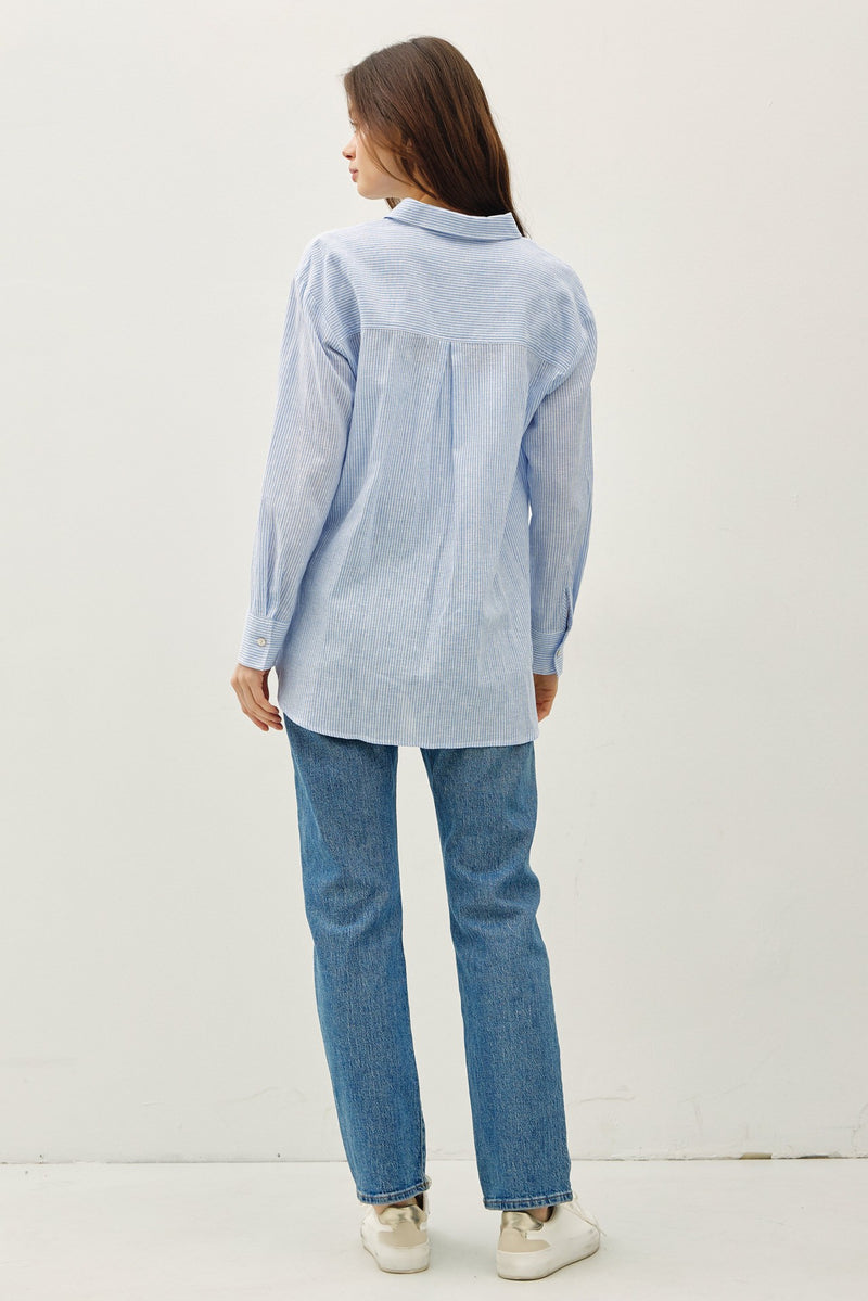 Hampton Pinstripe Linen Blend Button Down in Blue