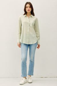 Hampton Pinstripe Linen Blend Button Down in Green