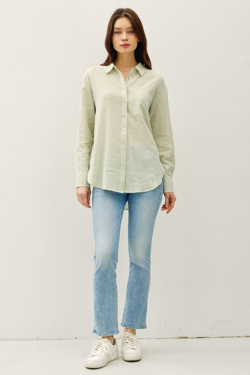 Hampton Pinstripe Linen Blend Button Down in Green