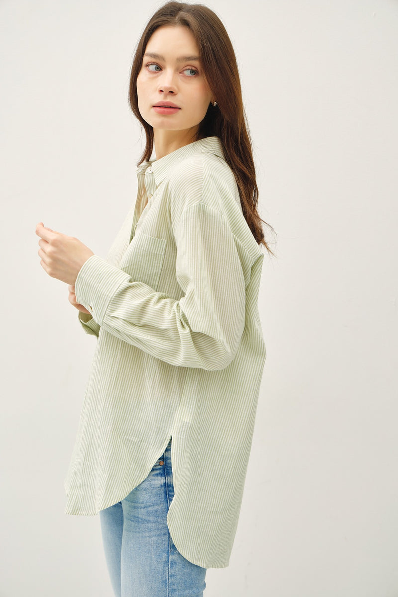 Hampton Pinstripe Linen Blend Button Down in Green