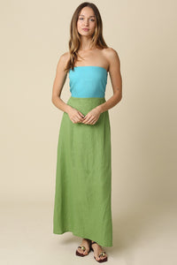 Color Block Strapless Linen Maxi Dress in Green