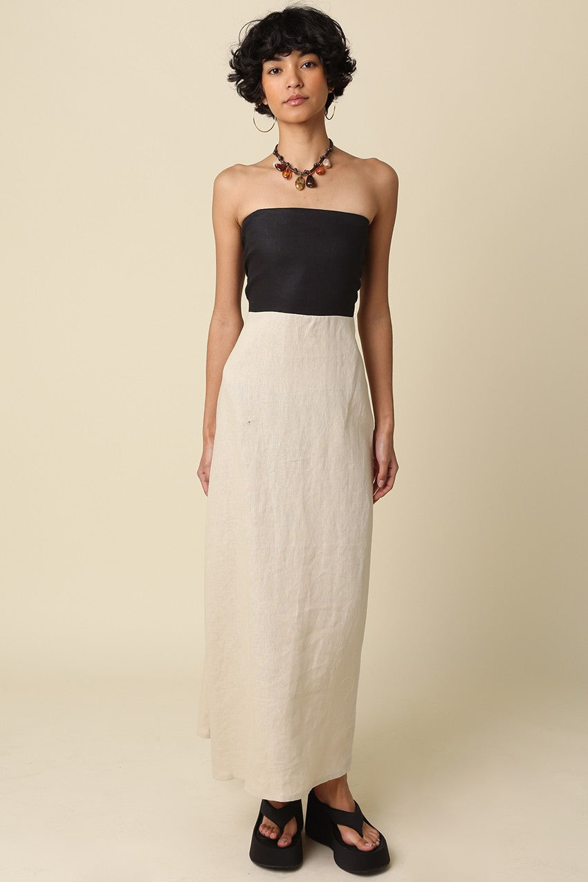 Color Block Strapless Linen Maxi Dress in Taupe