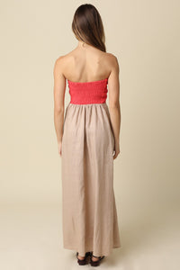 Color Block Strapless Linen Maxi Dress in Red