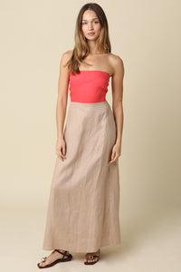 Color Block Strapless Linen Maxi Dress in Red