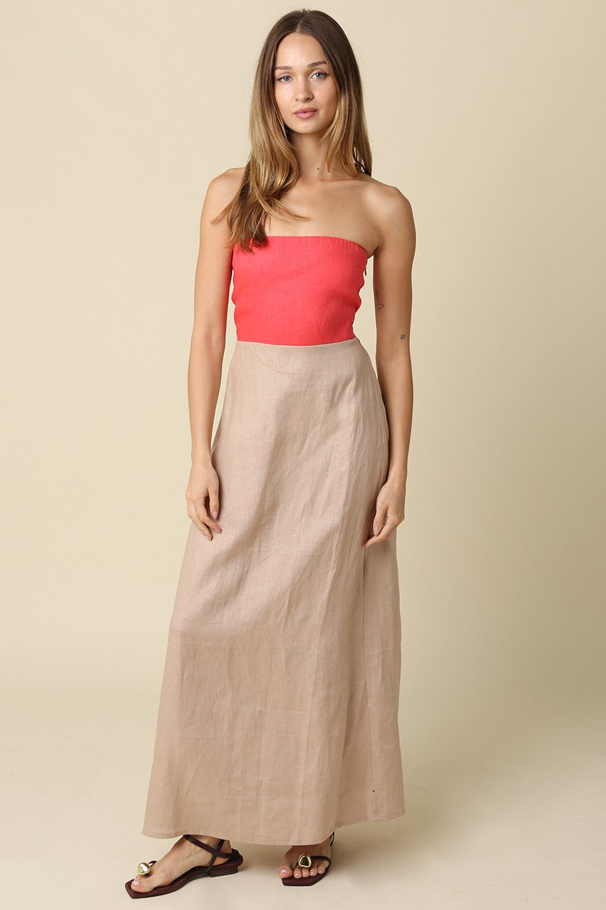Color Block Strapless Linen Maxi Dress in Red