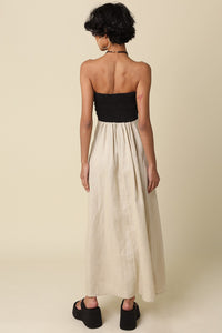 Color Block Strapless Linen Maxi Dress in Taupe