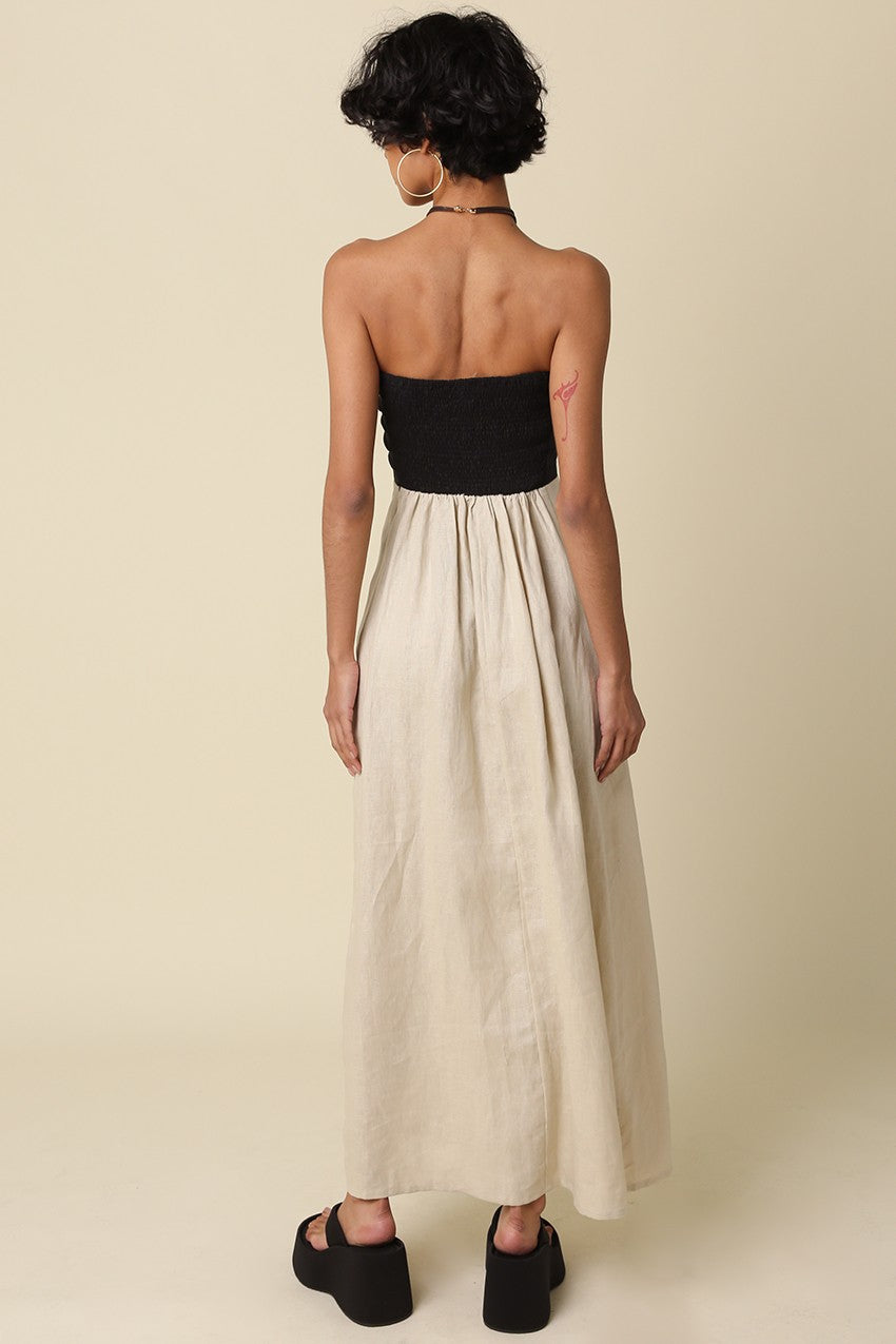 Color Block Strapless Linen Maxi Dress in Taupe katwalk Color Block Strapless Linen Maxi Dress in Taupe katwalk
